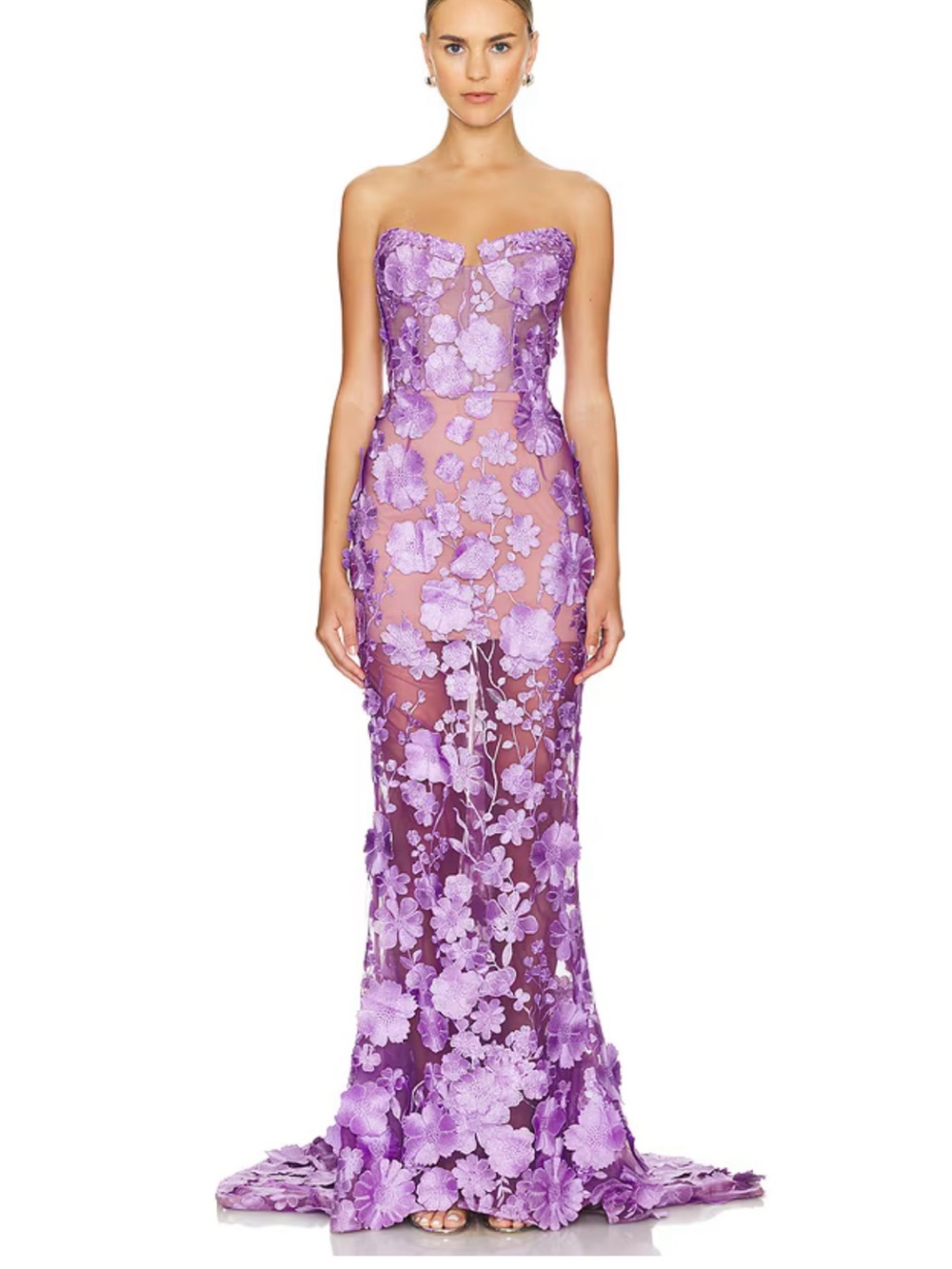 Bronx and Banco Lavender Strapless Floral Appliqué Gown
